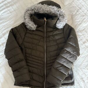 Women's Olive Puffer Jacket with removable Faux Fur Hood